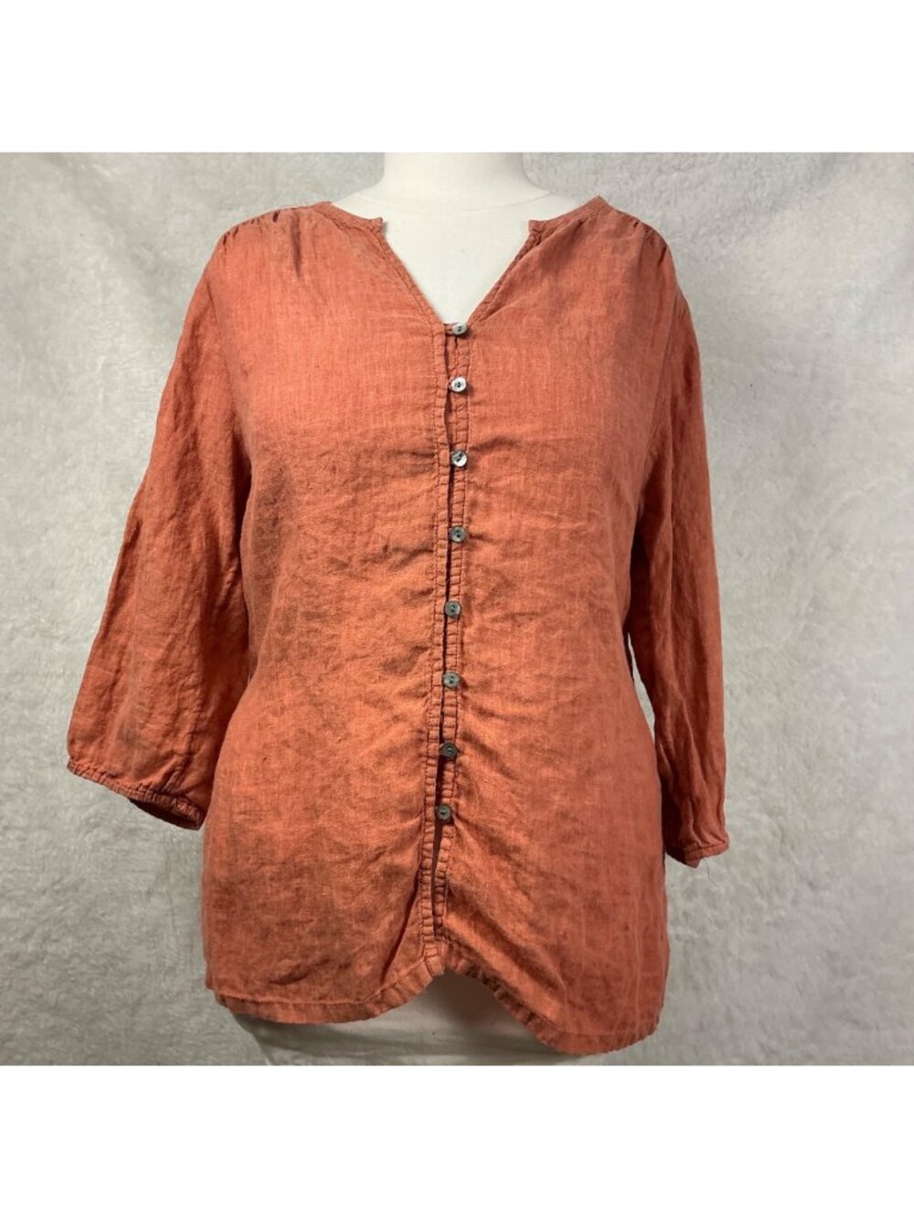 Pure Jill linen XL petite Rust Orange Linen v-neck Blouse Mother-Of-Pearl Button